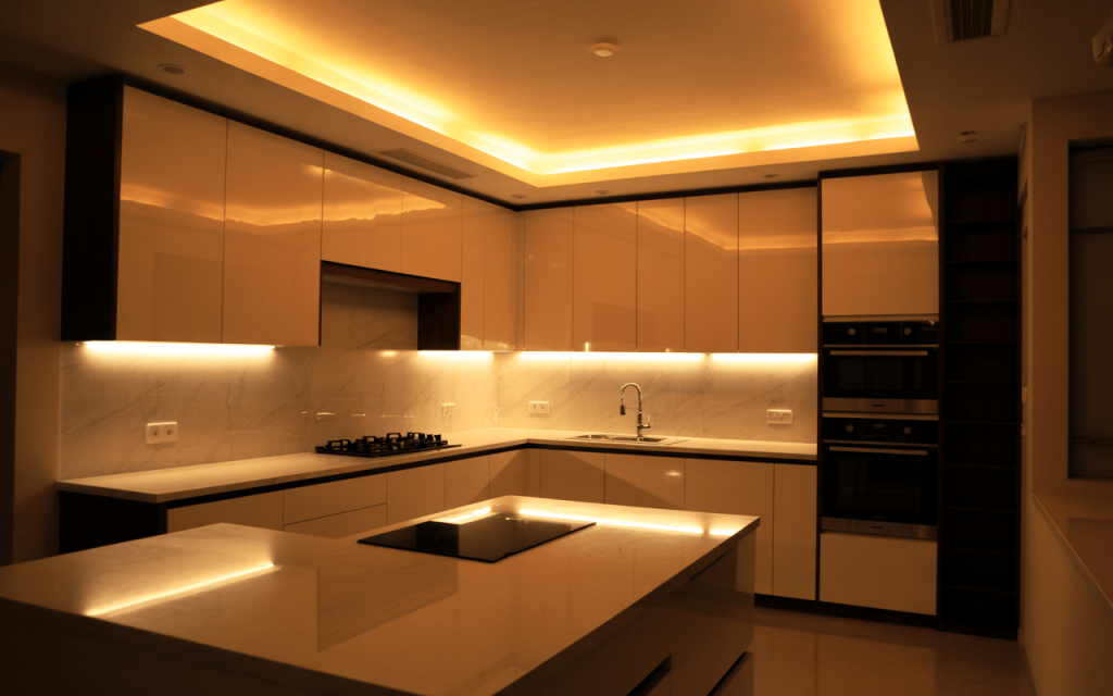 Elegant High gloss white acrylic kitchen cabinets with soft lighting and island setup