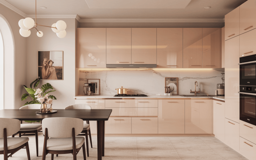 Stylish modern high gloss acrylic kitchen cabinets with elegant dining space setup