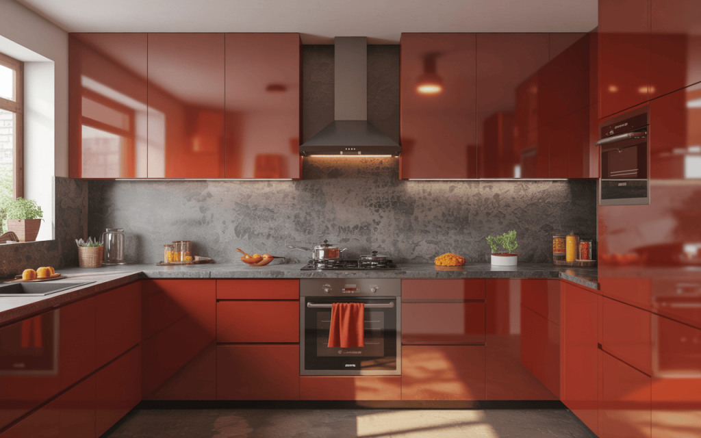 Vibrant high gloss acrylic kitchen cabinet colours in red for a modern luxury look