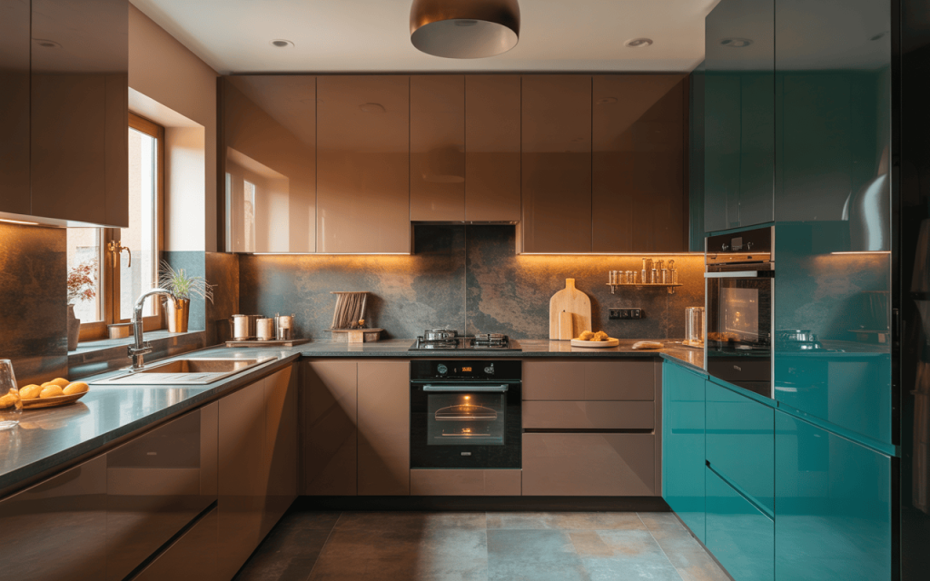 Stylish High gloss acrylic modular kitchen cabinets with elegant dual-tone finish