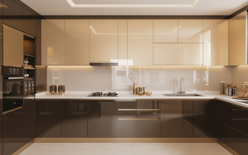 Elegant high gloss acrylic kitchen cabinets with beige and brown luxury finish