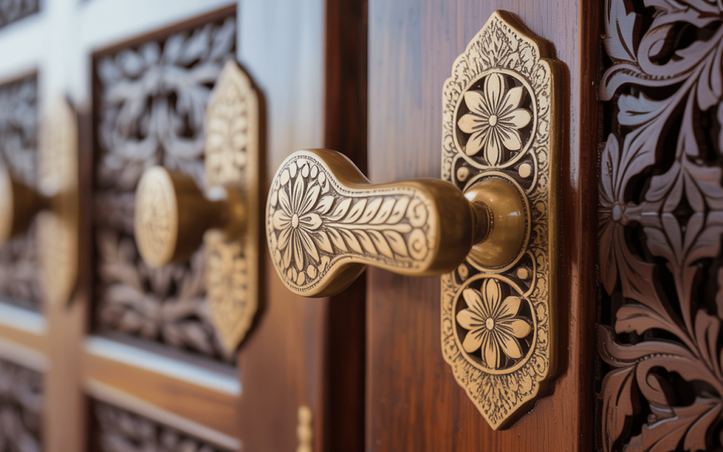 Artistic wooden main door handle design with elegant floral brass detailing
