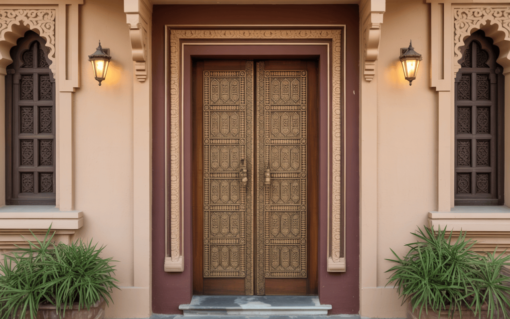 Elegant main door wooden handle design with intricate traditional carvings