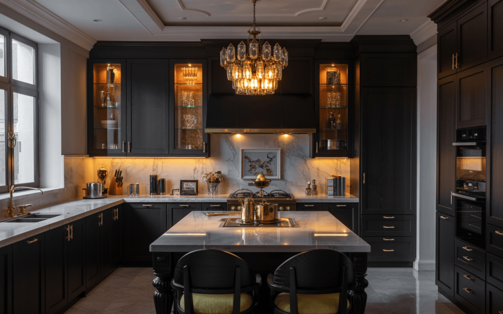 Luxurious kitchen cabinet colors in black with marble countertops and golden accents