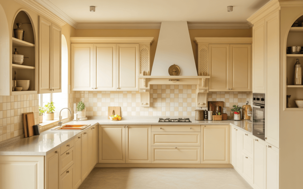 Classic kitchen wall colors in warm beige tones with elegant cabinetry and tile backsplash