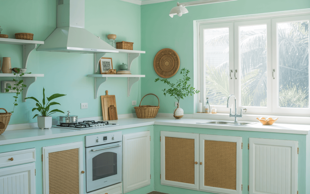 Refreshing kitchen wall colors in mint green with white accents and natural textures