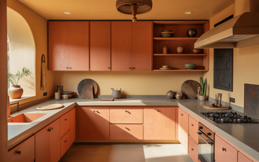 Warm kitchen paint colors with terracotta cabinets and earthy yellow walls