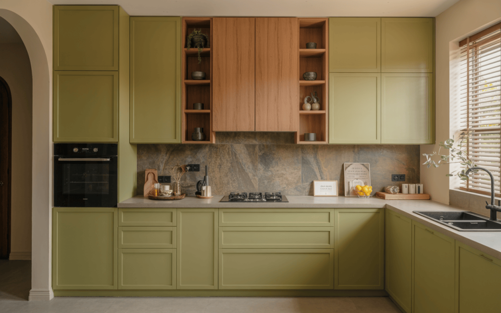 Charming kitchen cabinet colors in olive green with warm wood accents for modern homes