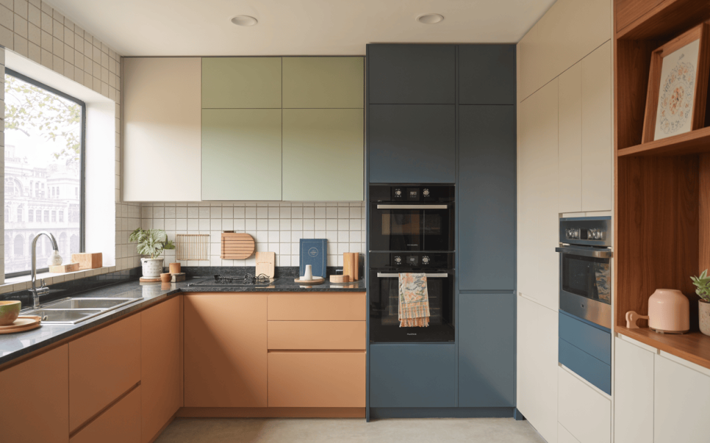 Creative modern kitchen color combinations with peach, mint, and navy tones