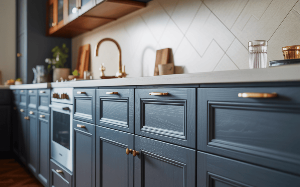 Stylish kitchen cabinet colors in navy blue with gold handles and warm lighting