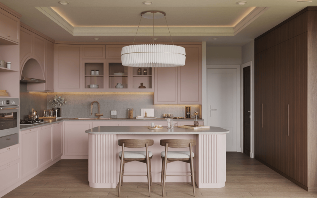 Elegant kitchen cabinet colors in blush pink with modern lighting and wood textures