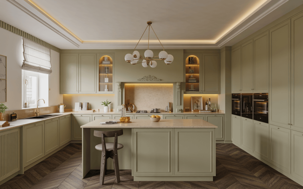 Elegant kitchen cabinet colors in soft sage green with warm lighting and classic design