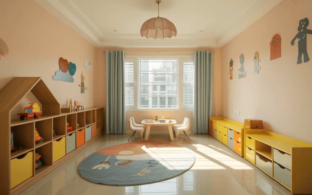 Bright kids playroom ideas with pastel walls, wooden furniture, and colorful storage bins