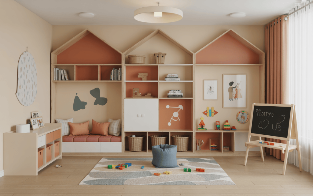 Modern kids playroom design with built-in storage, chalkboard and cozy seating nook