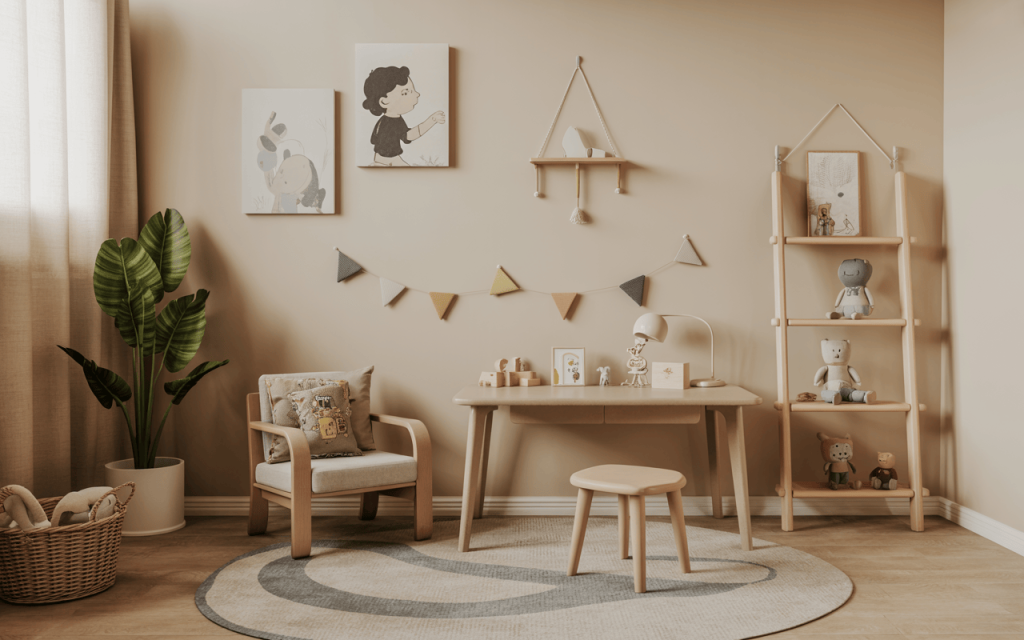 Warm kids playroom design featuring natural wood tones and minimalist decorations