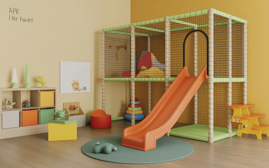 Colorful playroom indoor slide for kids with safe play area and bright yellow walls