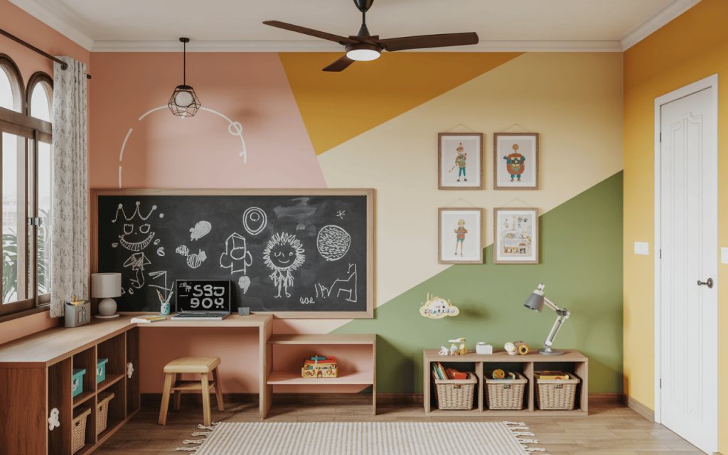 Creative kids playroom design with chalkboard wall, colorful decor and study setup