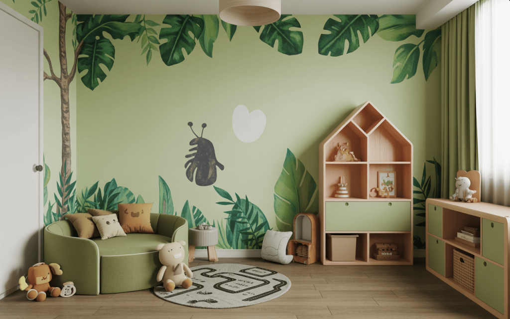 Creative kids playroom design inspired by nature with soothing greens and cozy decor