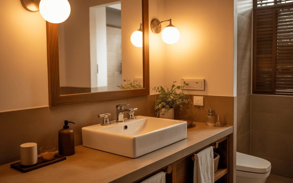 Stylish wash basin mirror design with light and wooden frame for warm elegance