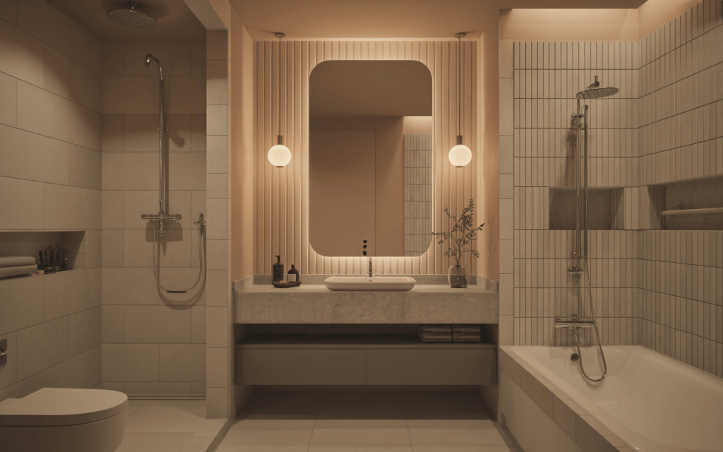 Elegant modern wash basin mirror design with warm lighting and sleek fixtures