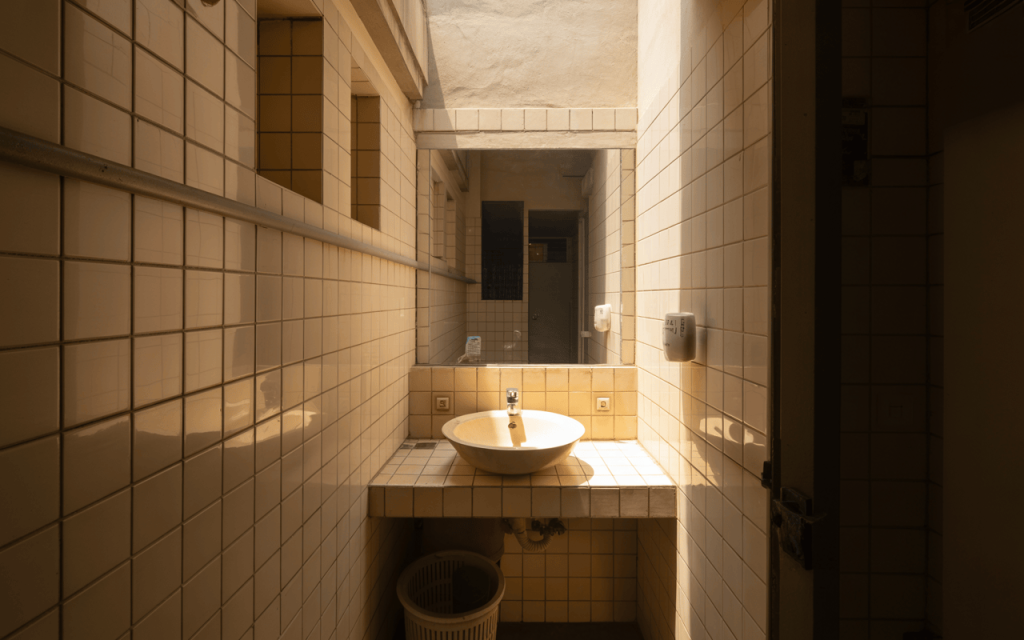 Minimal simple wash basin mirror design in soft yellow tiles with natural lighting