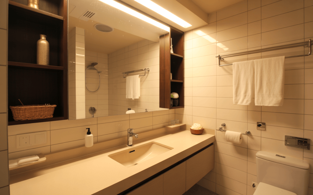 Contemporary wash basin mirror design with light and sleek minimal bathroom setup