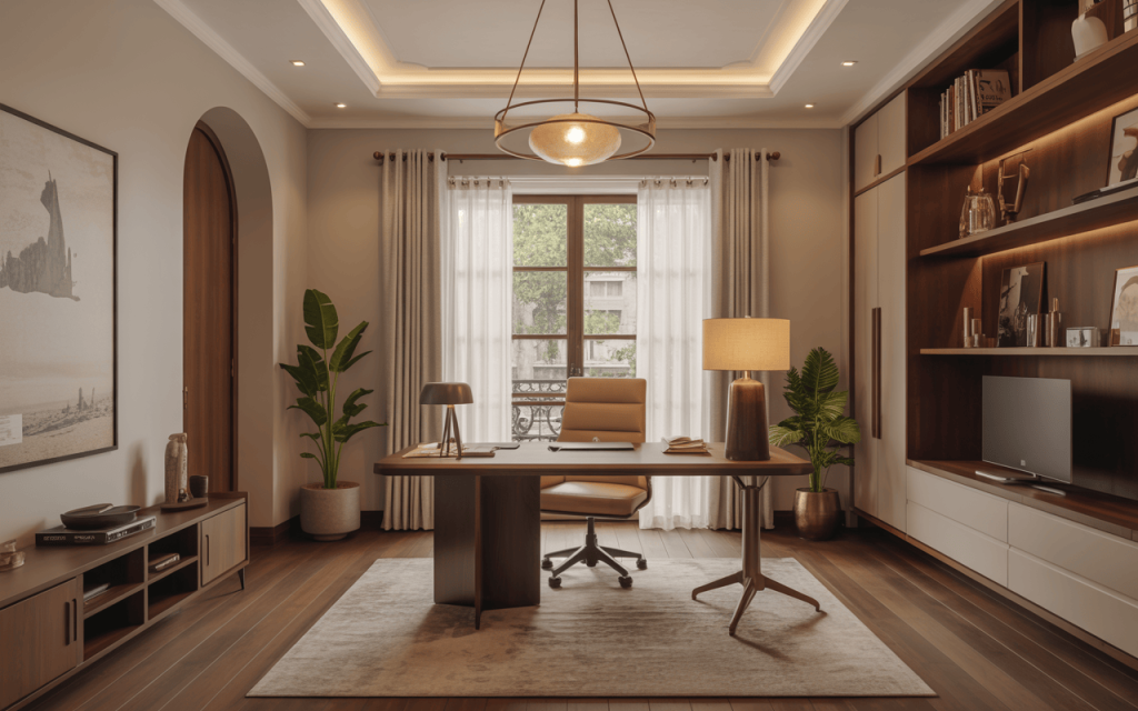 Elegant modern home office design with warm lighting and stylish wooden decor