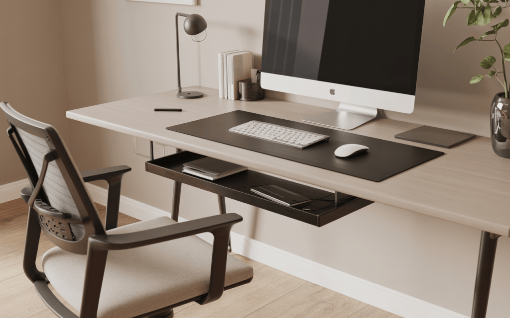 Minimalist office table design for home with sleek workspace and modern chair