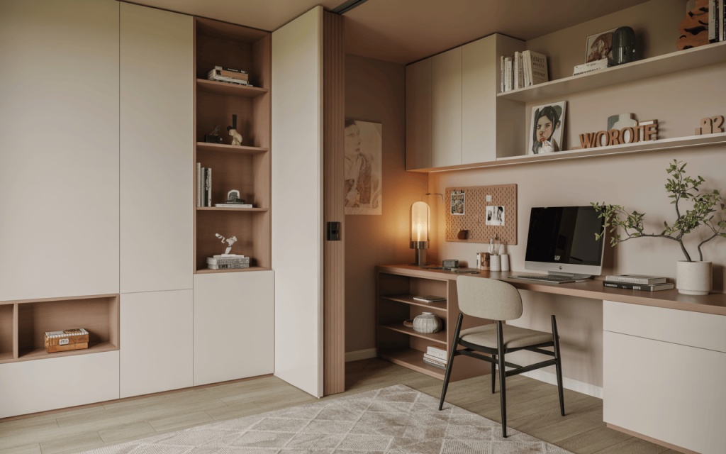 Cozy small home office design ideas with warm tones and smart storage setup