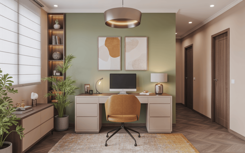 Bright small home office design with green wall and stylish wooden furniture