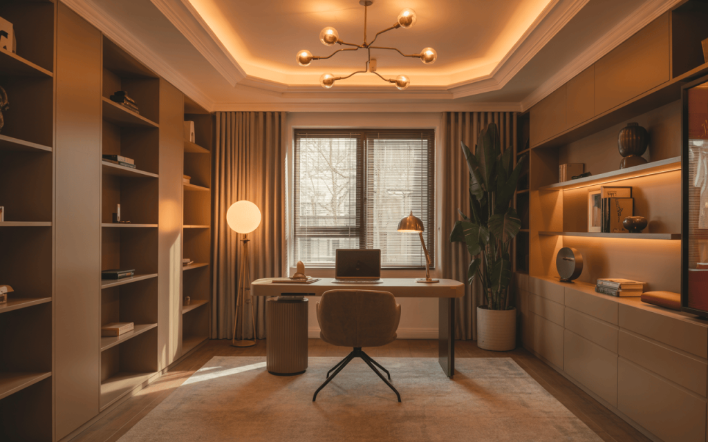 Elegant home office interior design with warm lighting and stylish wooden shelves