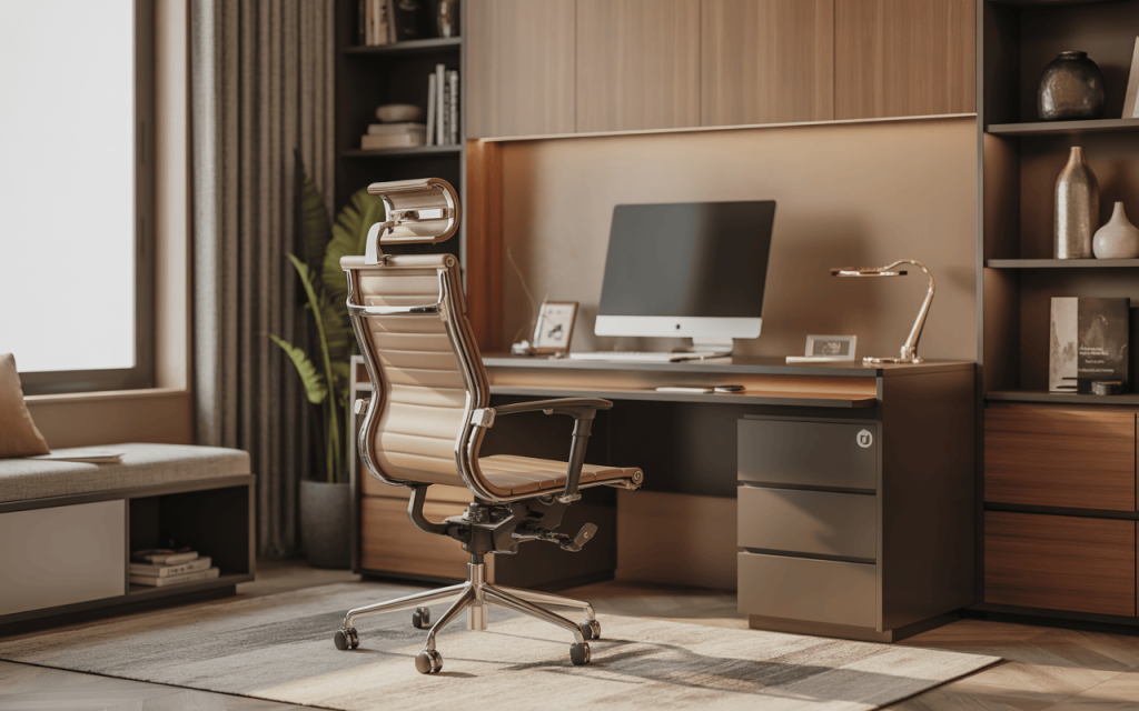 Stylish modern home office design with ergonomic chair and sleek wooden desk