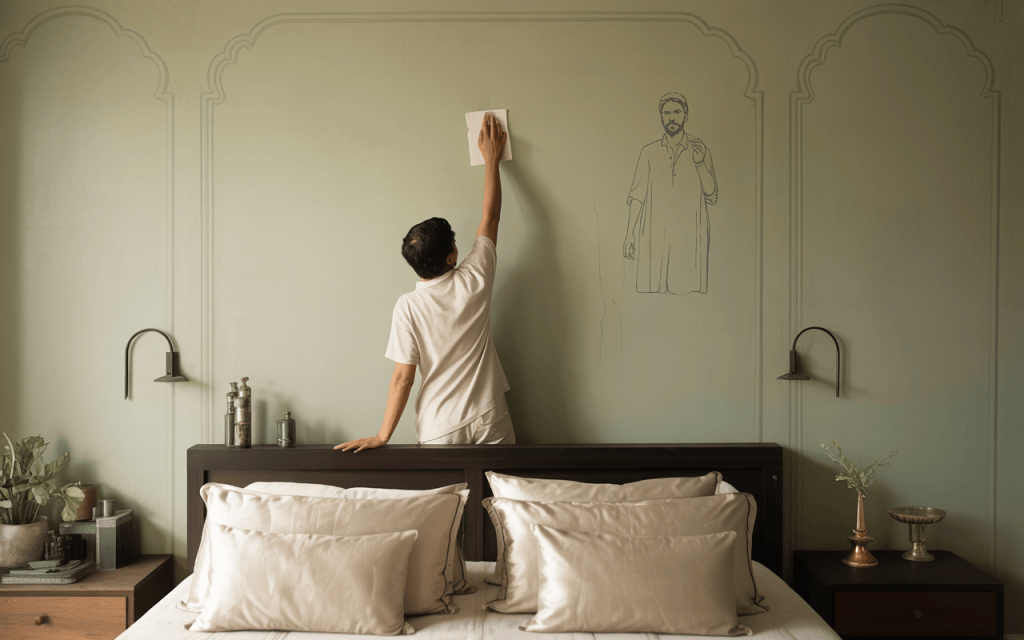 Creative wall stickers for bedroom showing artistic design above elegant bed setup