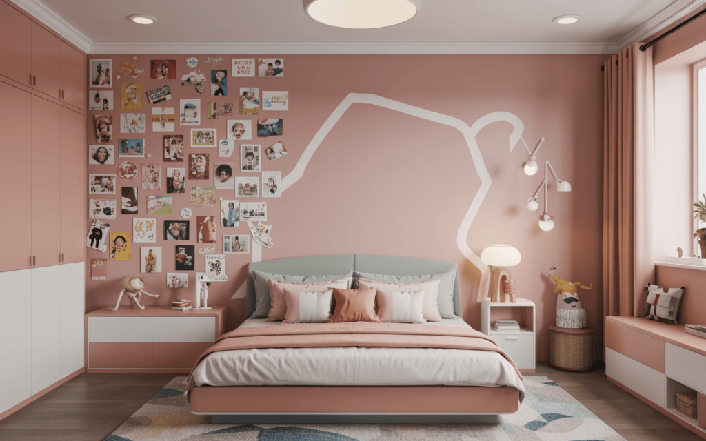 Creative wall stickers for bedroom with playful collage and pastel pink theme