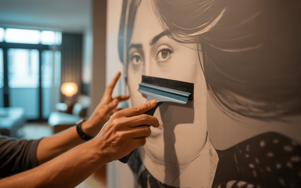 Creative wall stickers for home showing smooth installation of artistic face design