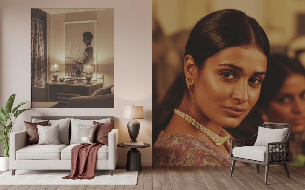 Stylish wall stickers for living room with artistic portraits and elegant decor setup