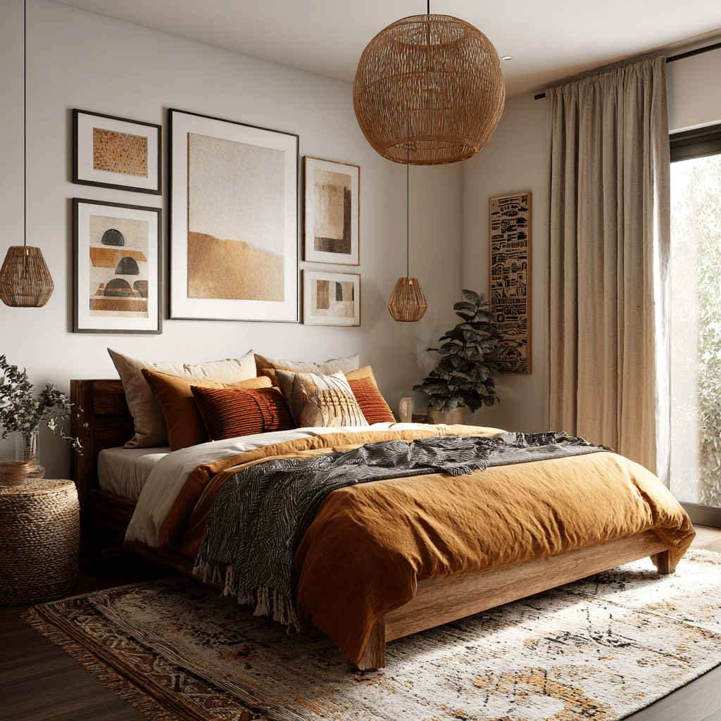 Trending bedroom colour combination with warm earthy tones and cozy decor