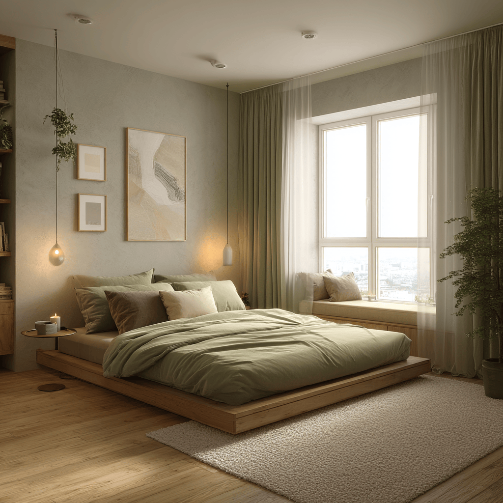 Trending bedroom colors with soft green walls and cozy minimalist decor