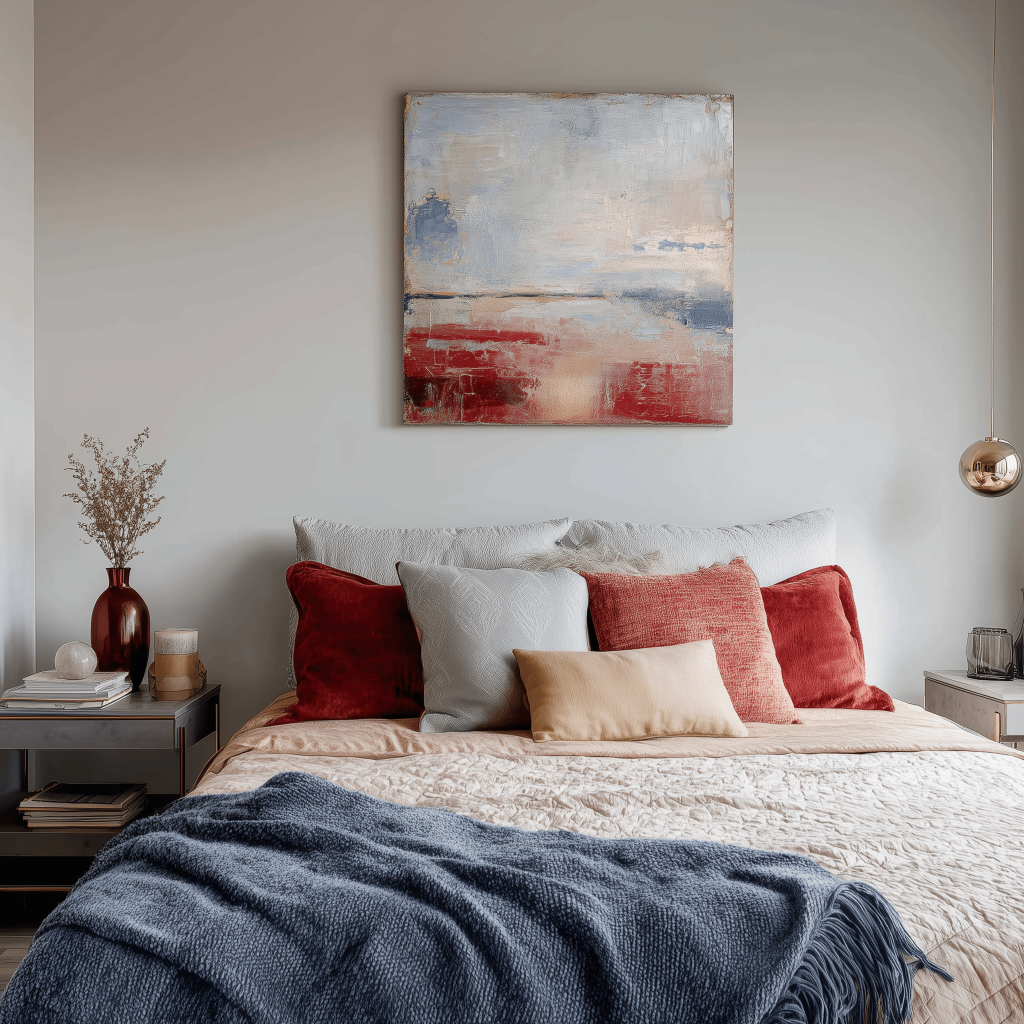 Elegant bedroom wall colour combination with modern art and warm neutral accents