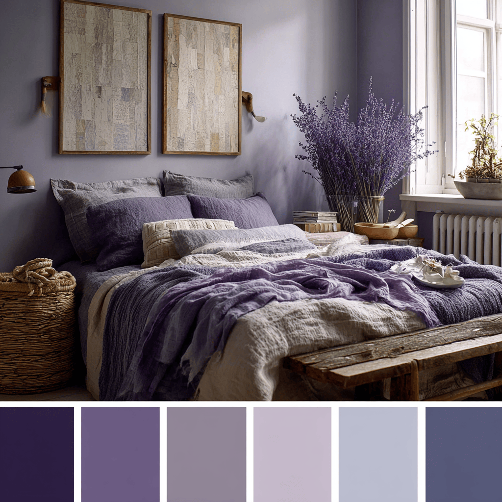 Trending bedroom colour combination with lavender walls and cozy neutral décor