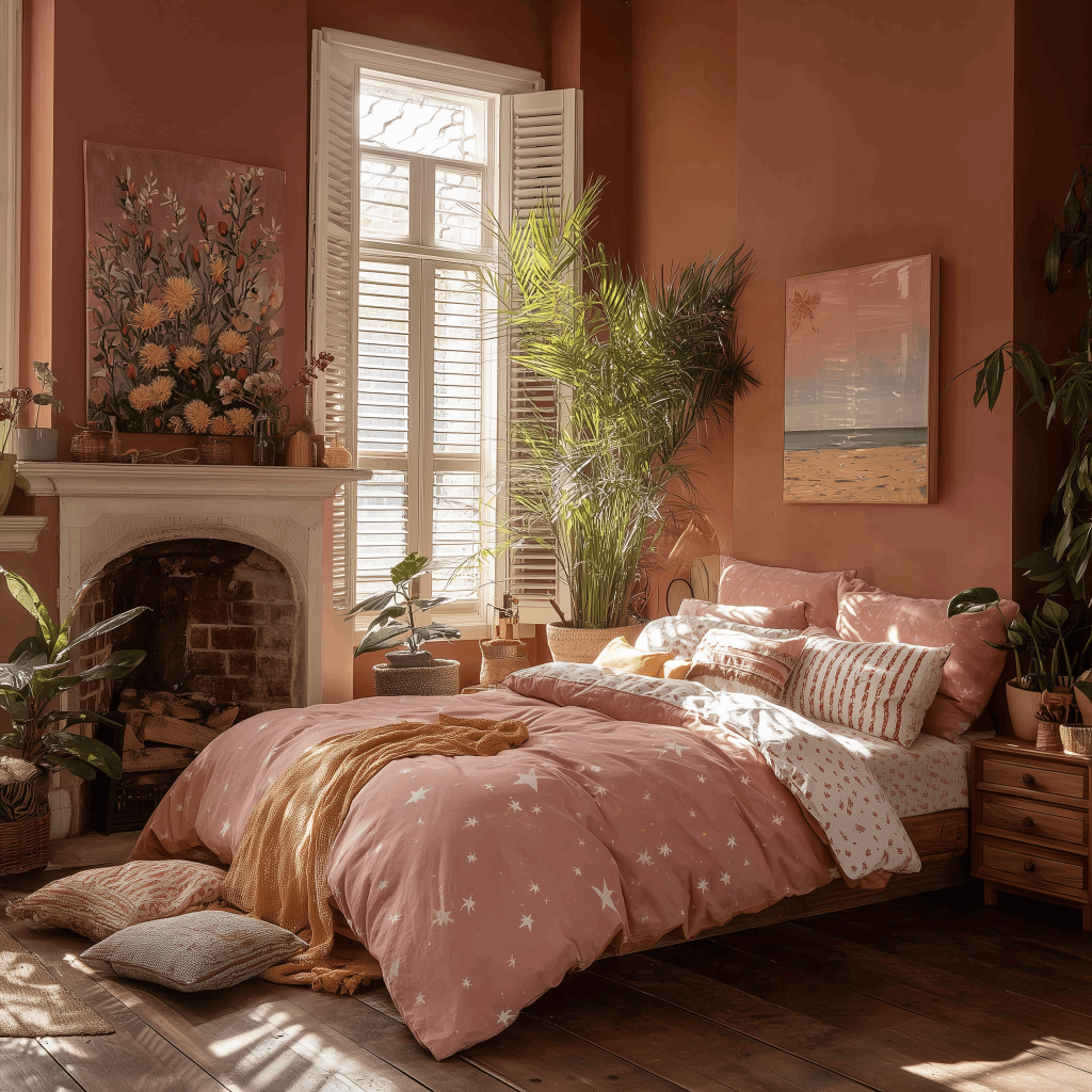 Elegant romantic bedroom colors with peach walls, cozy decor and soft natural light