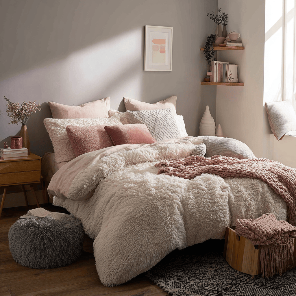 Trending bedroom wall colors with soft pink accents and cozy modern décor