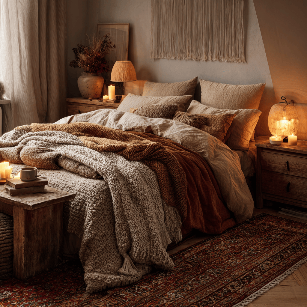 Romantic bedroom colors with warm earthy tones and cozy layered bedding