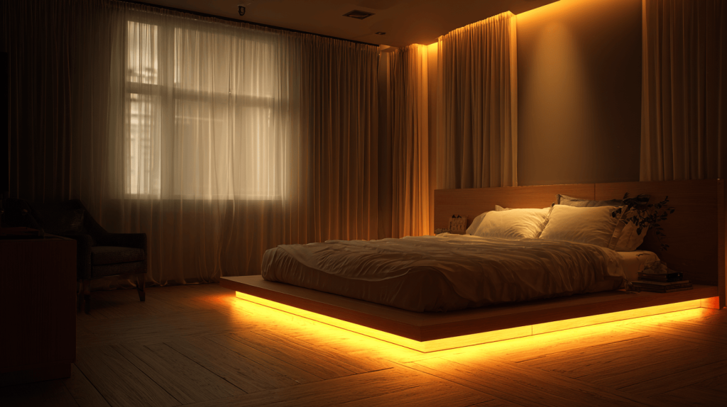 master bedroom interior design featuring ambient lighting and modern minimalist style