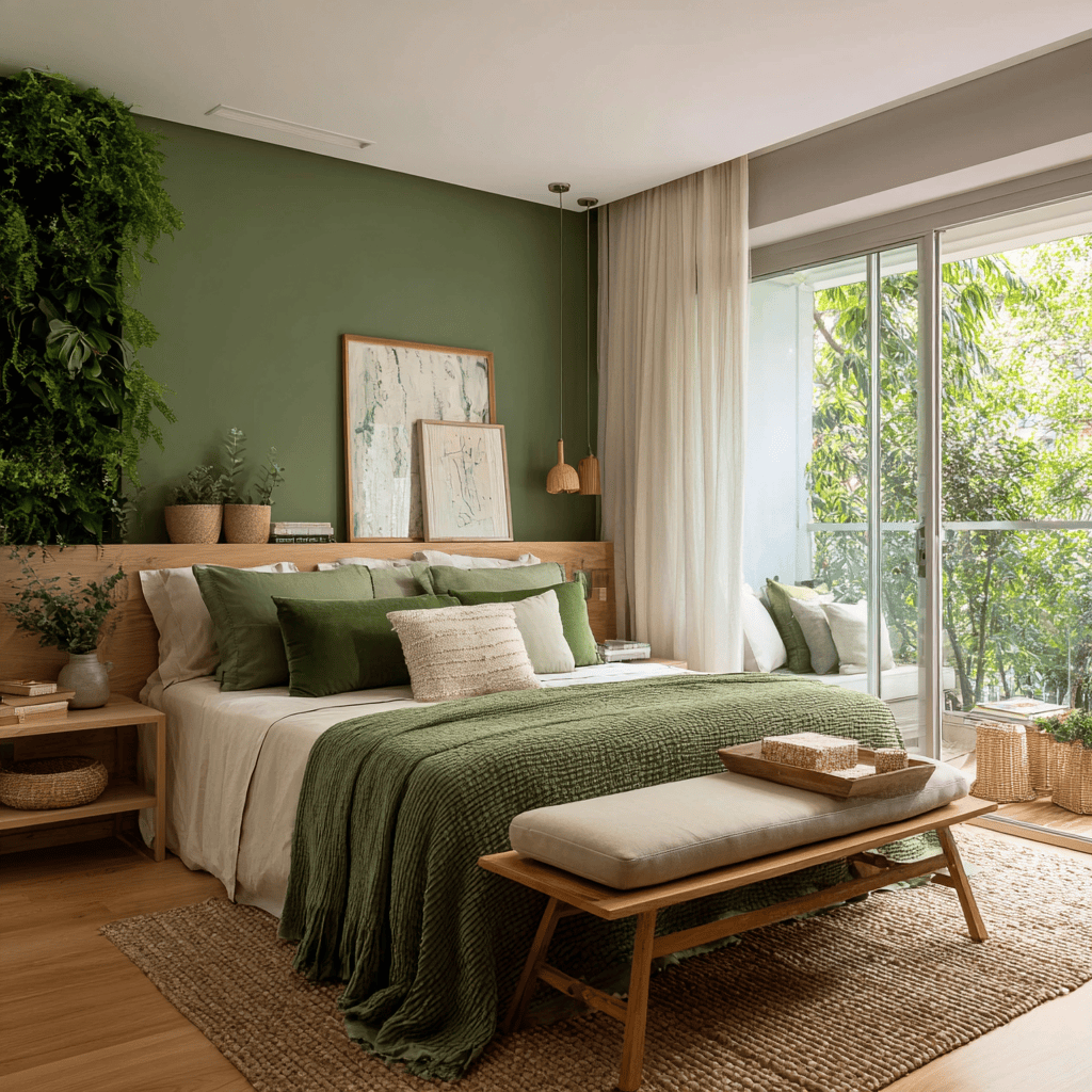 interior design for master bedroom featuring a large upholstered headboard against a textured charcoal grey accent wall