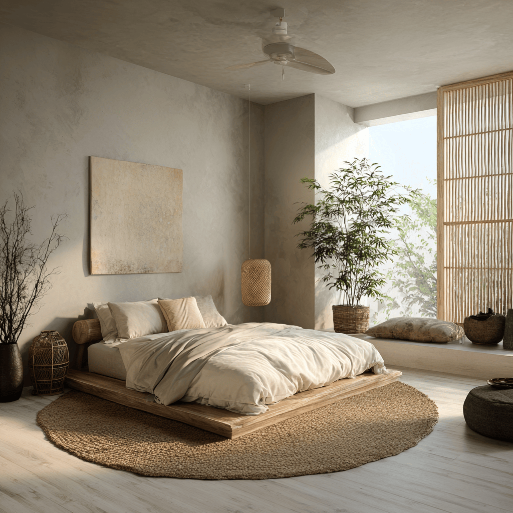 Latest bedroom interior design trends showcasing a lush indoor plant next to a minimalist wooden bed frame in a sunlit room
