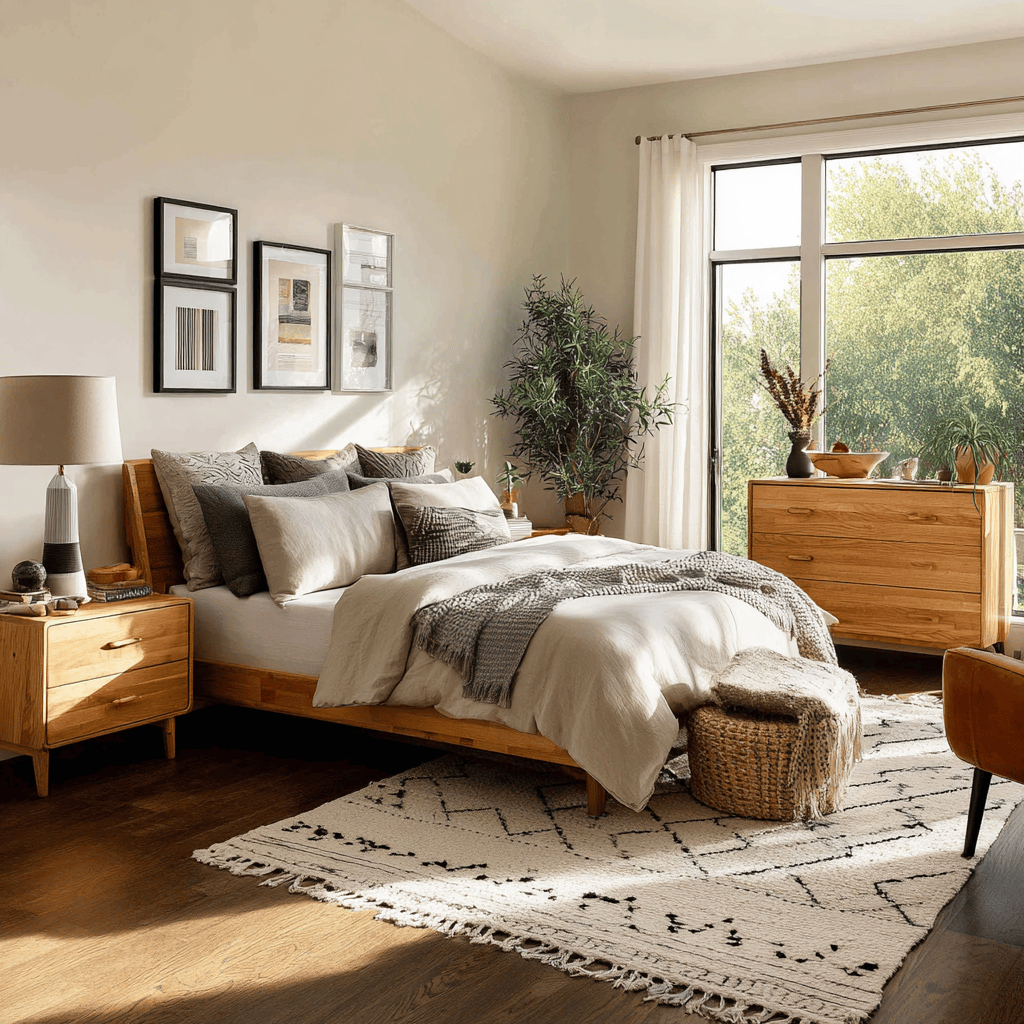 A serene bedroom featuring earthy tones and soft linen bedding, reflecting bedroom interior designs latest trends