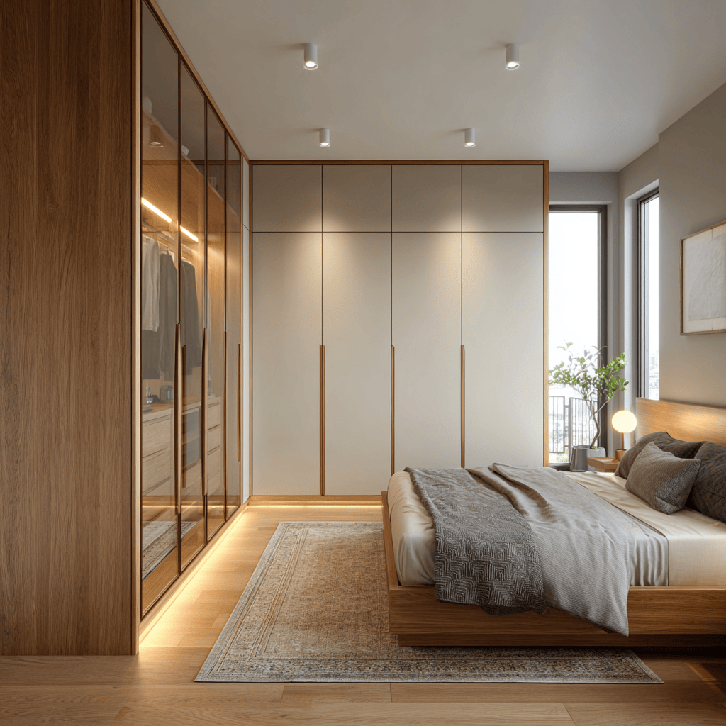 Latest master bedroom interior design with wardrobes and warm lighting