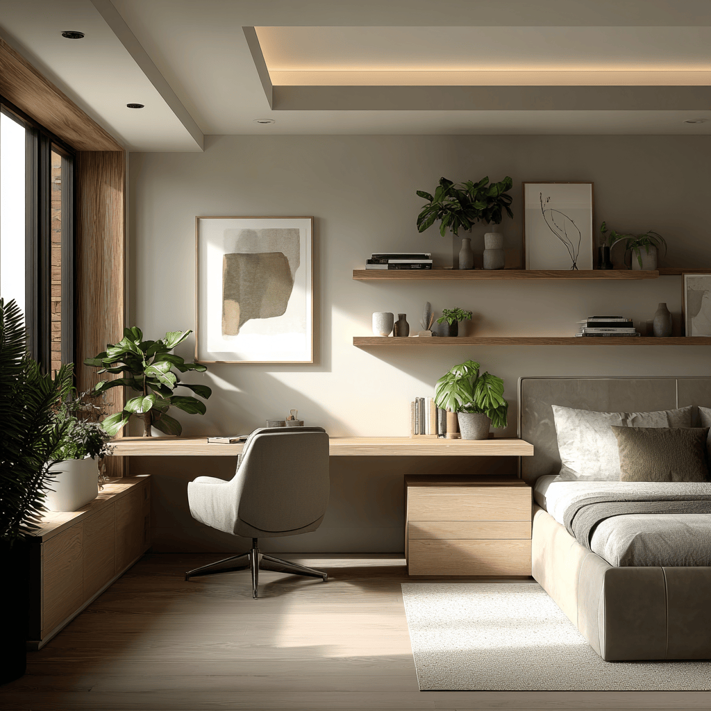 Latest master bedroom interior design with workspace shelves and plants