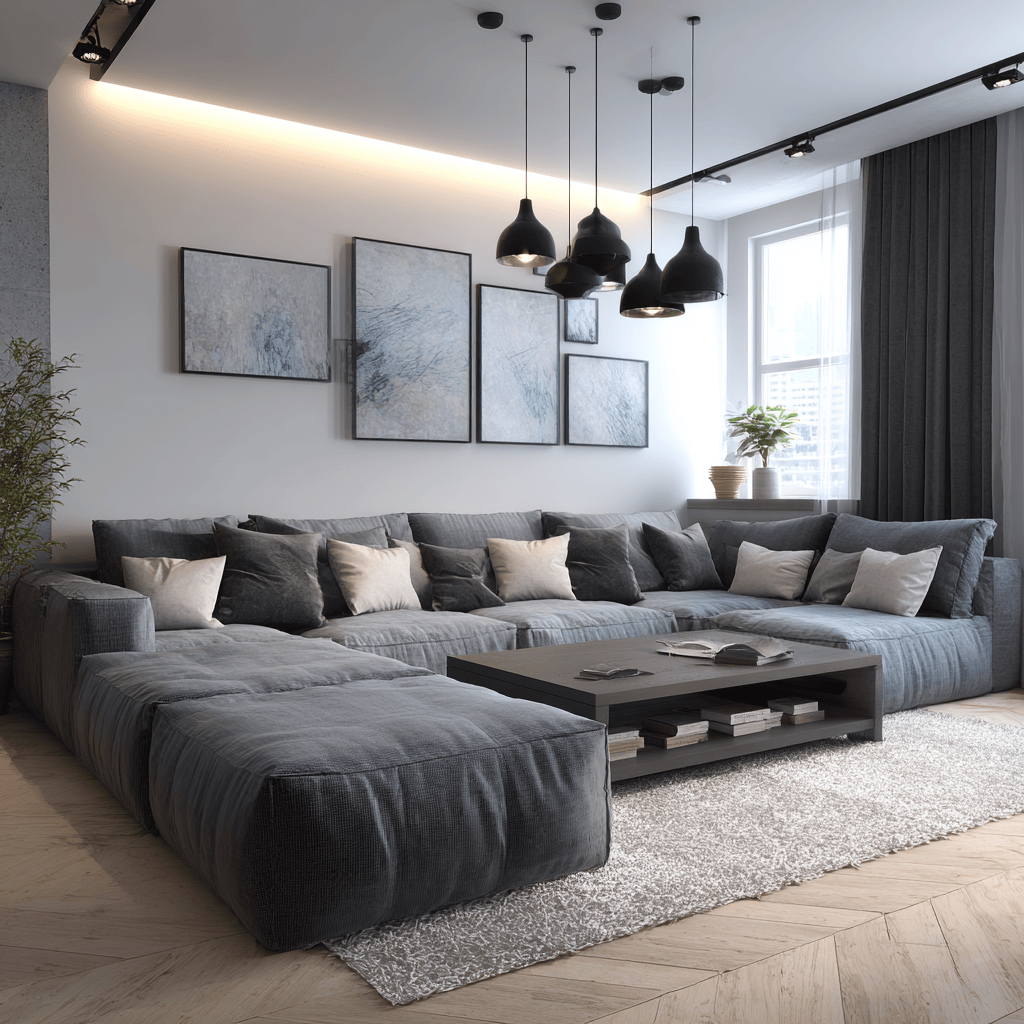 Latest living room furniture trends showcasing charcoal grey modular sectionals